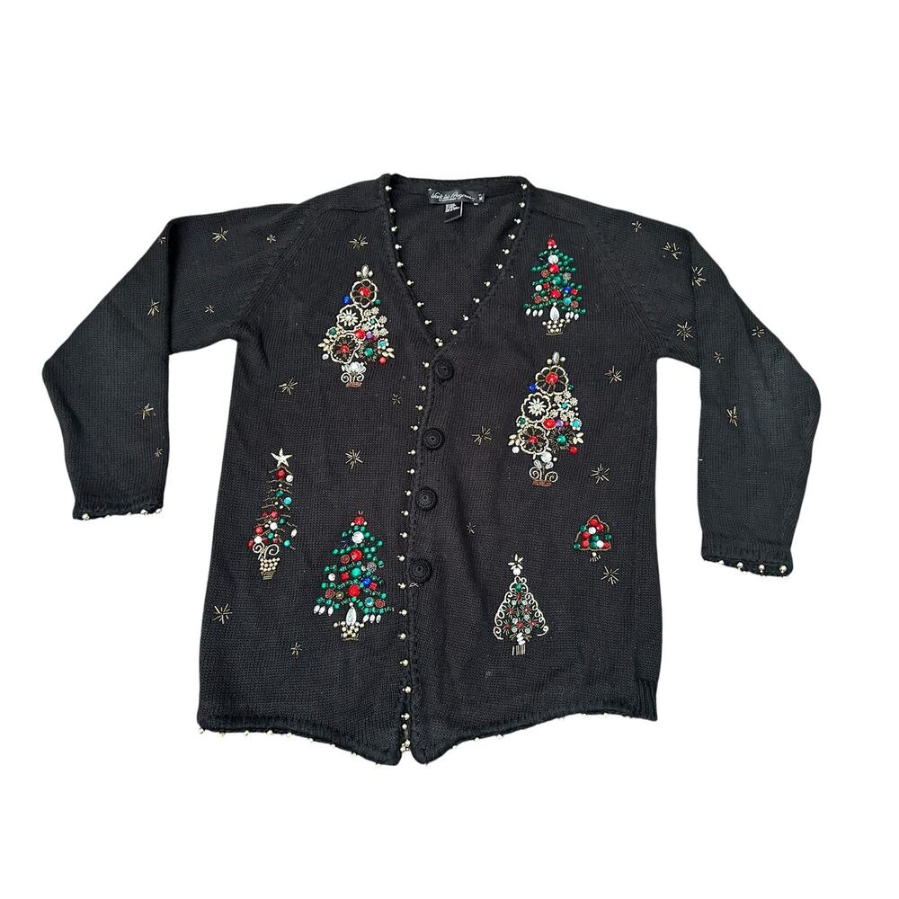Vintage 90s Gladys Bagley Jeweled Christmas Knit Cardigan Sweater Womens Medium
